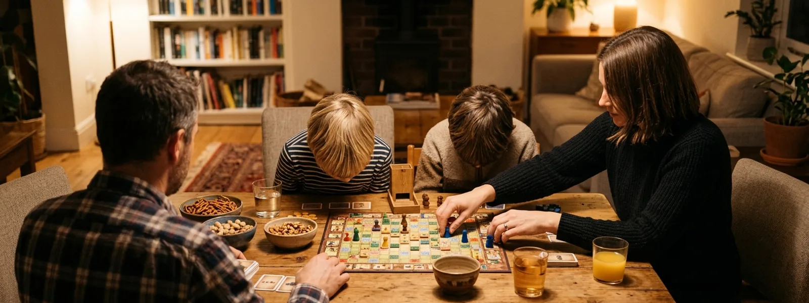 Familie spielt abends am Wohnzimmertisch ein Brettspiel