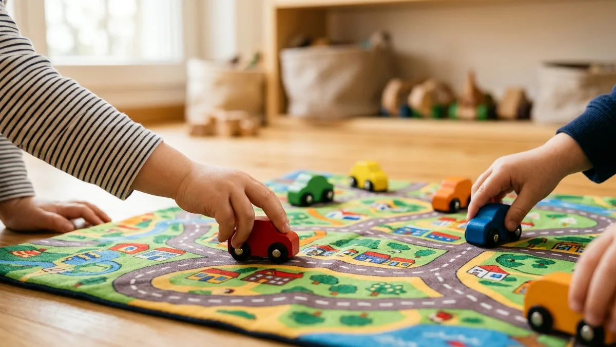 Kinderhände schieben kleine Spielautos über ein Brettspiel