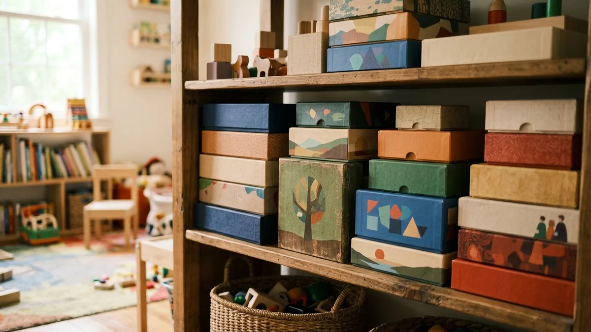 Regal mit verschiedenen Gesellschaftsspielen im Kinderzimmer