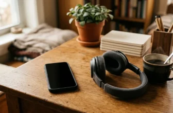 Smartphone und Kopfhörer liegen auf einem Holztisch neben Kaffeetasse