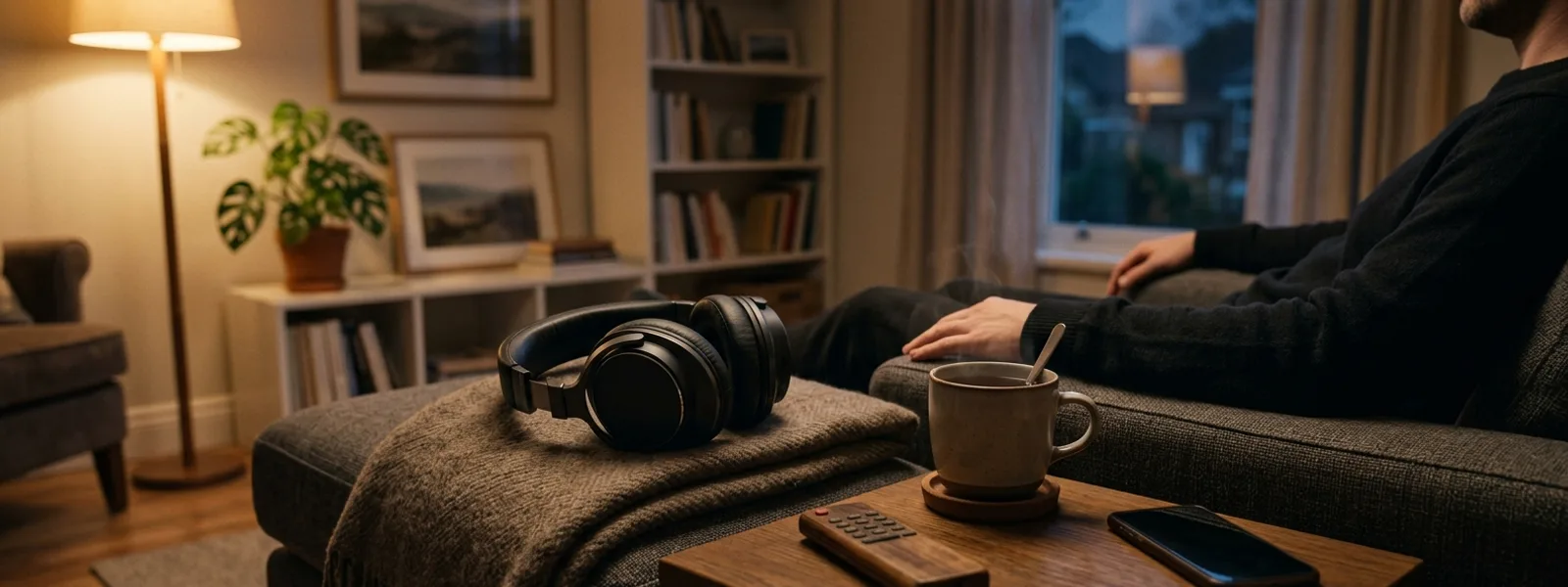 Gemütliches Wohnzimmer mit Sofa, Kopfhörern und Tasse Tee