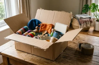Geöffnetes Paket mit verschiedenen Kleinwaren auf einem Tisch