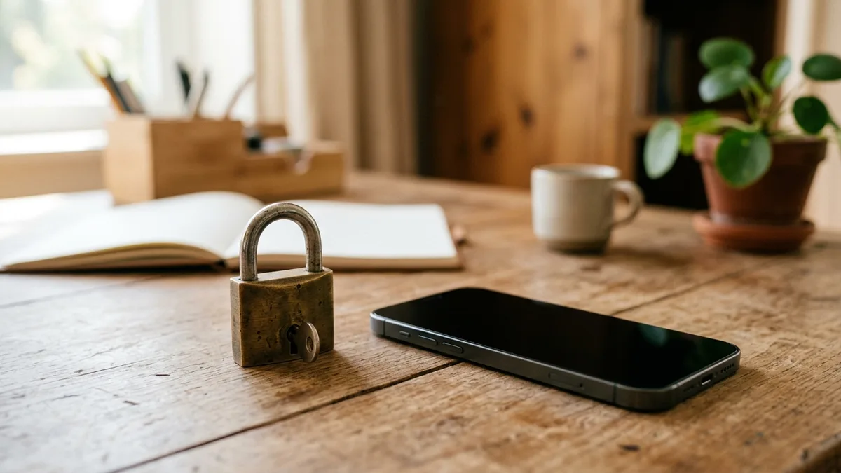 Vorhängeschloss neben einem Smartphone auf dem Schreibtisch