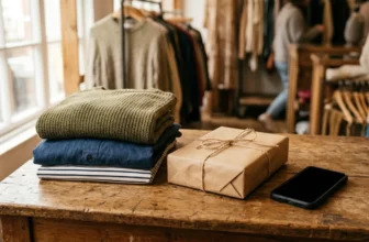 Gefaltete Kleidung und Paket auf einem Holztisch