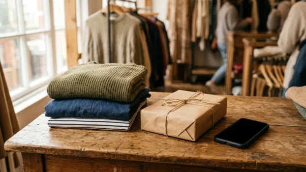 Gefaltete Kleidung und Paket auf einem Holztisch