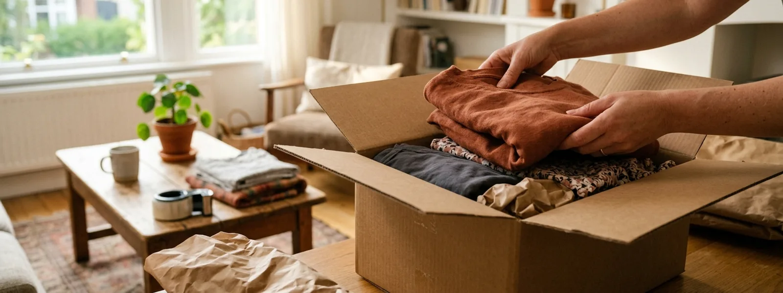Hände packen Kleidung in einen Versandkarton