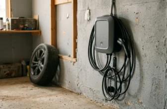 Wandmontierte Ladestation an einer Garagenwand mit aufgerolltem Ladekabel