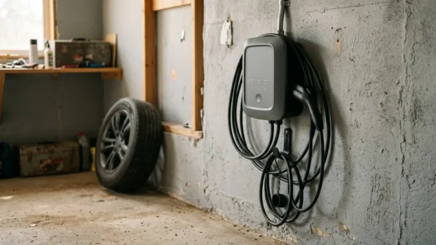 Wandmontierte Ladestation an einer Garagenwand mit aufgerolltem Ladekabel