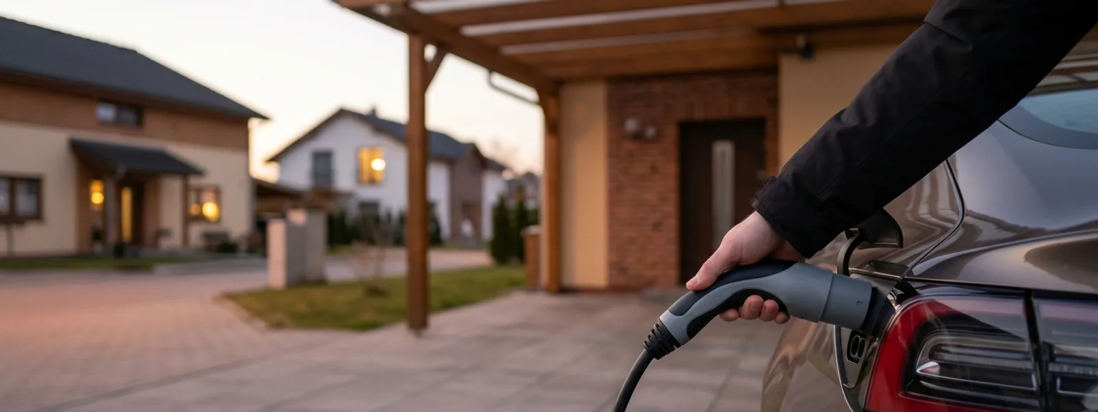 Hand hält Ladestecker am Elektroauto unter einem Carport