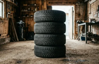 Gestapelte Winterreifen mit grobem Profil in einer Garage